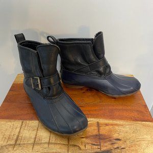 SPERRY Sz 6 Genuine Shearling lined Leather Duck Boots Waterproof, Navy Blue